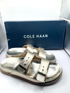 Cole Haan New Women's 7B Metallic Gold Double Strap Slide Leather Sandals